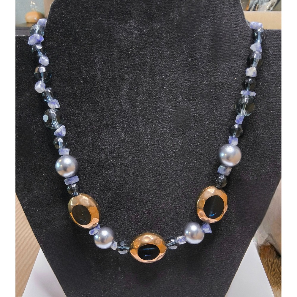 EsMor Blue Teal Statement Necklace Artisan Style Glass Stone Pearl Beads
